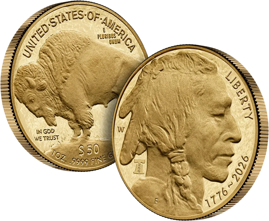 American Gold Buffalo one ounce .9999 fine gold coins, obverse and reverse